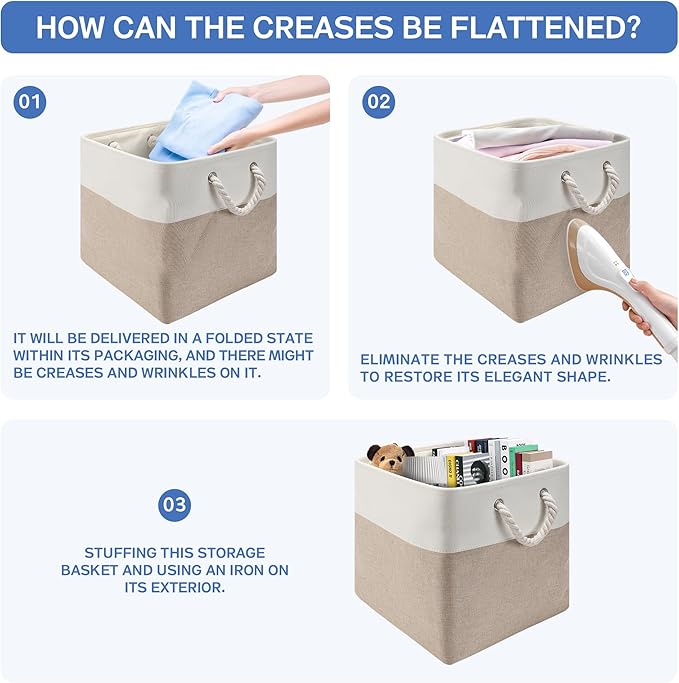 Collapsible Storage Bins, 4 Pack 11 x 11 Inch Foldable Fabric Cube Baskets with Cotton Rope Handles for Organizing Clothes, Toys, Books, Office, Closet (White&Beige-11"x11"x11")