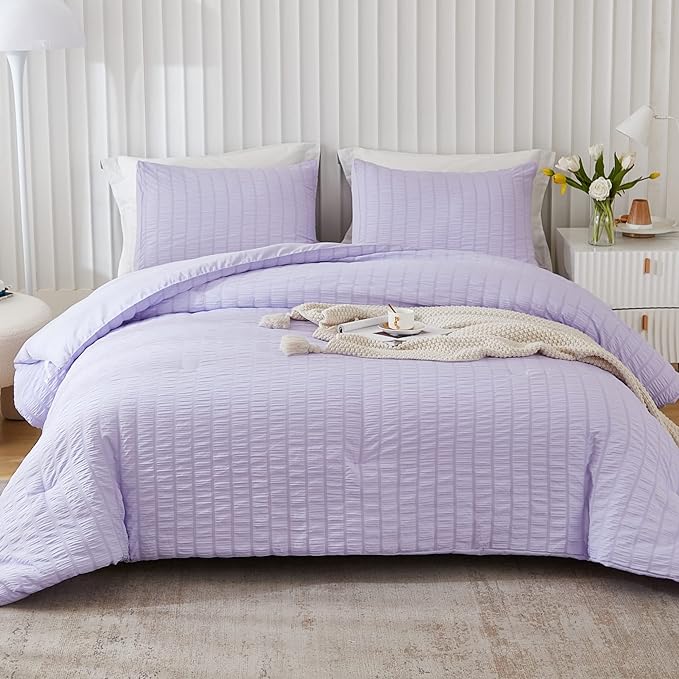 AveLom Lavender Purple Seersucker Comforter Set, California King, 104x96, 3 Pieces
