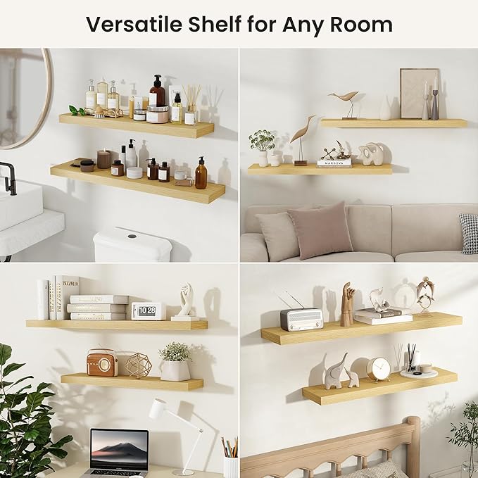 Fun Memories Rustic Wood Floating Shelves for Wall, Space-Saving Wall Mounted Shelves for Bathroom, Bedroom, Living Room and Kitchen, Stylish Storage & Display (Set of 2, Oak, 32 in)