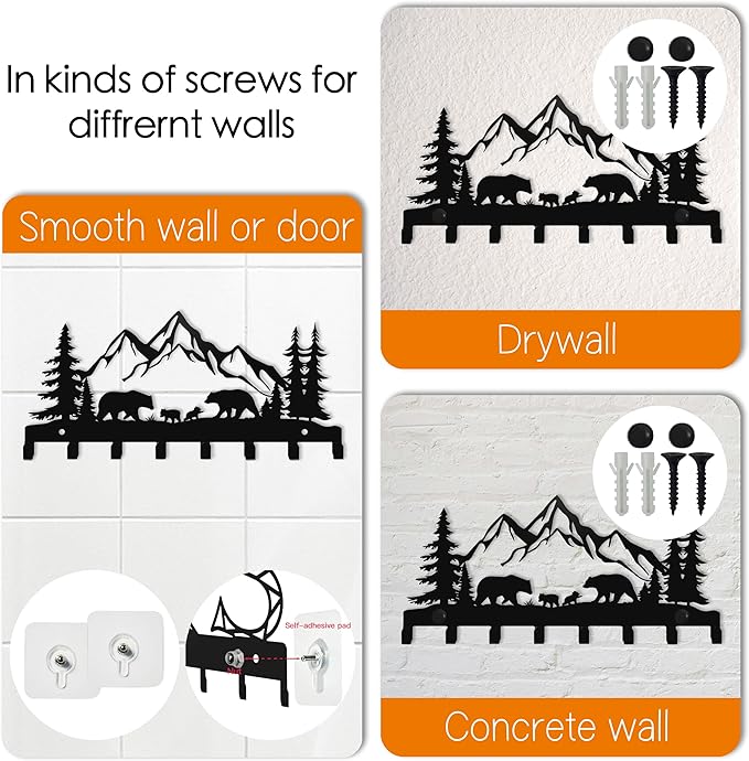 Keys Hooks for Wall, Key Holder Wall Mounter, Metal Bears Hooks, Christmas Decor, Metal Decor, Mountain Forest Wall Mount Hanger Rack for Entryway Front Door Kitchen Hallway Garage Office (Bear)