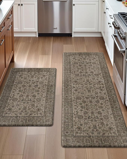 DEXI Kitchen Mats for Floor Cushioned, 23x35+23x59 Extra Large Runner Rug Non Slip, Waterproof Soft Comfort Standing Padded Anti Fatigue Decorative Set of 2, Brown