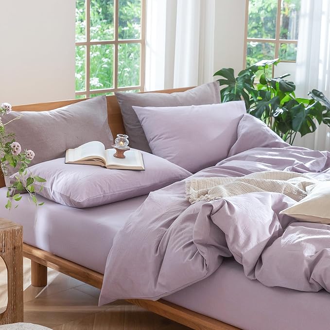 MooMee Bedding Duvet Cover Set 100% Washed Cotton Linen Like Textured Breathable Durable Soft Comfy (Heathered Light Purple, Palatial King/Oversized King 120"x98")