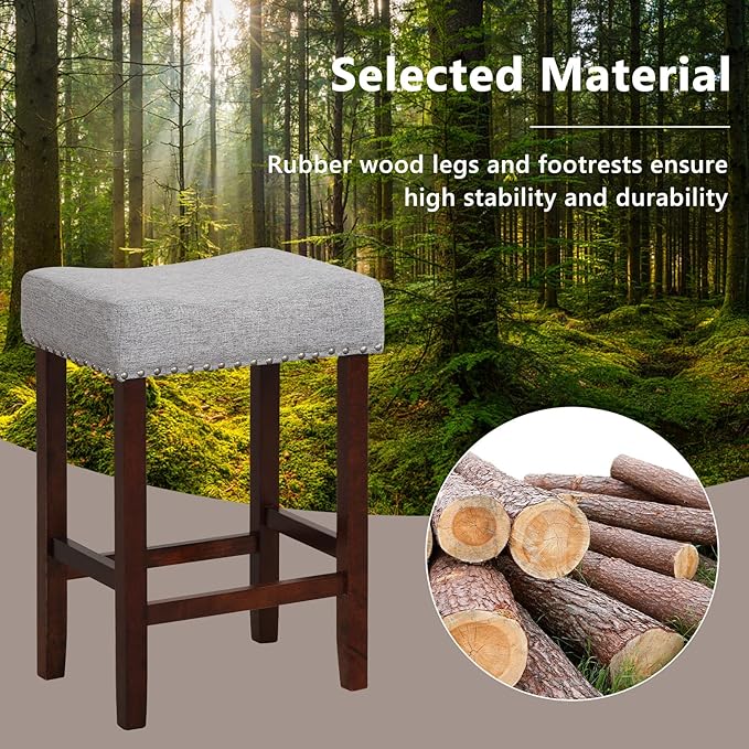 Giantex 25" Counter Height Bar Stools Set of 2 - Backless Saddle Barstools with Nailhead Linen Foam Seat, Max Load 330 Lbs Wood Bar Stools with Foot Rest for Kitchen Island, Grey