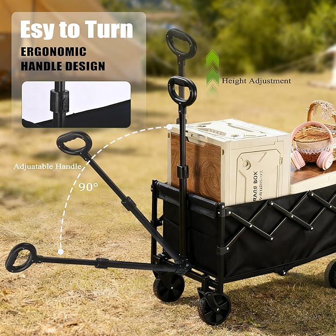 XMT 100L Folding Wagon Cart Push & Pull Beach, 350 lbs Weight Capacity Heavy Duty Folding Beach Wagons with Big All-Terrain Wheels & Drink Holders for Groceries, Shopping, Camping, Sports - Black