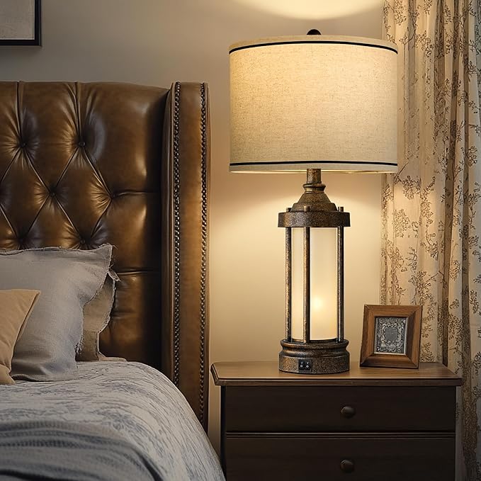 25'' Table Lamps Set of 2 for Living Room Bedroom Farmhouse Metal Lamps with 2 USB Ports, Built-In Frosted Glass Night Light Vintage Industrial Nightstand Bedside Lamp, 4 Bulbs Included, Bronze