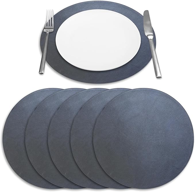Placemats Set of 6 – Round 15” Faux Leather Table Mats for Dining, Heat Resistant & Non-Slip Washable Table Decor, Indoor, Outdoor, Dining Table Set for 6, Modern Kitchen & Holiday Use, Navy