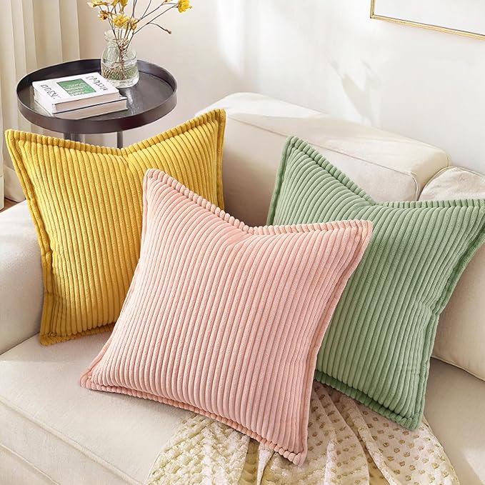 decorUhome Spring Corduroy Sage Green Euro Sham Throw Pillow Covers 24x24 Set of 2 Decorative Soft Boho Farmhouse Couch Pillow Covers for Living Room Bed Sofa Broadside Striped Pillow Cases