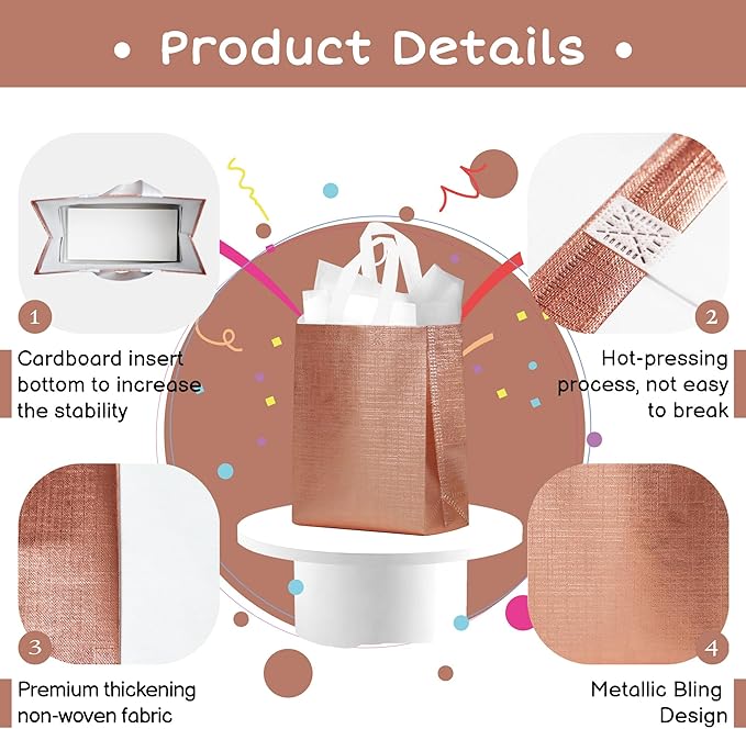 16 Pcs Metallic Bling Small Gift Bags Bulk with Cardboard Bases, 10.2x3.9x8.3 In Glossy Rose Gold Reusable Party Favor Bags for Birthday, Wedding, Christmas, Partie
