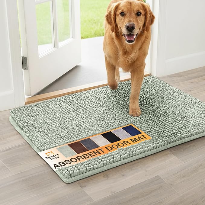 Neater Pets Chenille Dog Door Mat 36” x 24” – Super Absorbent & Quick-Dry Muddy Paws Doormat for Trapping Dirt, Water, Mud - Non-Slip & Machine Washable Pet Rugs for Entryway, Indoor Mud Mats, Green