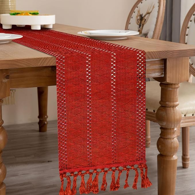Niviy Christmas Table Runner for Red Tassel Home Decor 72 Inches Long, Winter Xmas Holiday Rustic Macrame Cotton Linen Woven Coffee Table Runners for Christmas Decorations Dining Table, Red