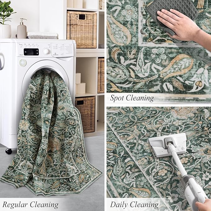 Fortsea Compact 4x6 Washable Area Rug Dark Green Non-Slip Low Pile Rug for Entryway Kitchen Bathroom Easy Clean Modern Print Floor Mat（4x6 Dark Green）