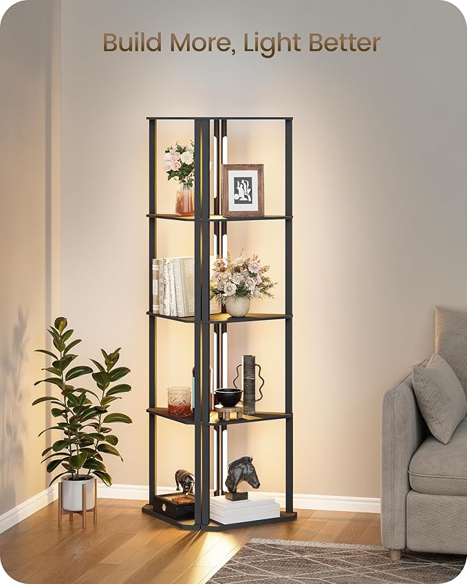 GOEBLESON 63.4” Display Shelf with Light, Modern Corner Floor Lampe with Shelves, LED Dimmable Standing Lamp with Remote for Living Room, Bedroom, Office, Adjustable CCT, Black Triangle B55LD05
