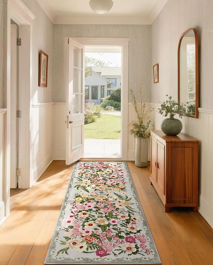 AREAMAY Floral Runner Rug 2x6 - Washable Vintage Kitchen Rug Low Pile Non-Slip Carpet for Entryway Hallway, Laundry, Bedroom - Soft, Stain Resistant Indoor Area Rug - Grey