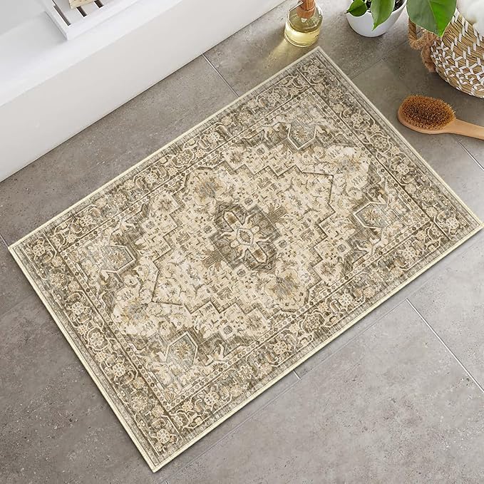 Fortsea Area Rug 2x3 Washable Door Mat, Vintage Distressed Rug Indoor Entrance Traditional Thin Rug, Floral Print Non Slip Carpet for Kitchen Bathroom Bedroom Living Room (Brown, 2X3)