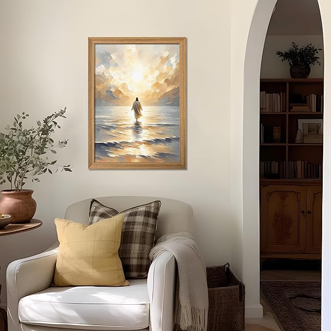 Framed 3D Textured Jesus Walking on Water Wall Art, Christian Bible Stories Wall Decor Paintings, Jesus Walks on Water on Water Back Posters Prints Pictures for Church Living Room Bedroom 12x16 Inch