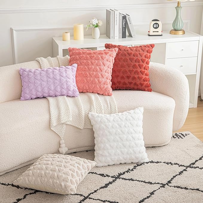 AQOTHES Set of 2 Heart Love Cute Purple Decorative Valentines Throw Pillow Covers 20x20, Soft Plush Faux Fur Pillow Covers for Couch Sofa Home Valentines Day Decoration