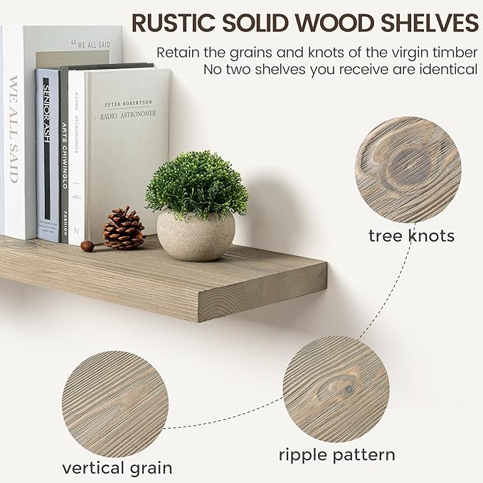 Marsmiles Floating Shelves | 24 Inch Grey Wood Wall Shelves Set of 2 | 9.3 Inch Deep Rustic Reclaimed Wood Shelves for Room Wall | Farmhouse Floating Shelves for Living Room Bathroom