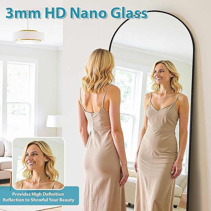 Full Length Mirror, 59"x18" Oversized Floor Mirror Freestanding, Full Body Mirror Floor Standing Mirrors with Stand, Hanging Mounted Mirrors for Bedroom Living Room, Black, Arched Style