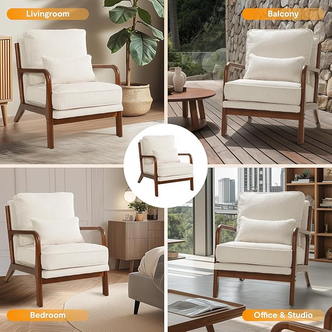 FLEXISPOT AC1 Accent Chair, Mid-Century Modern Armchair with Wood Frame, Comfy Corduroy Upholstered Reading Chair with Lumbar Pillow, 8" Thick Cushion for Living Room Bedroom Sunroom(White)