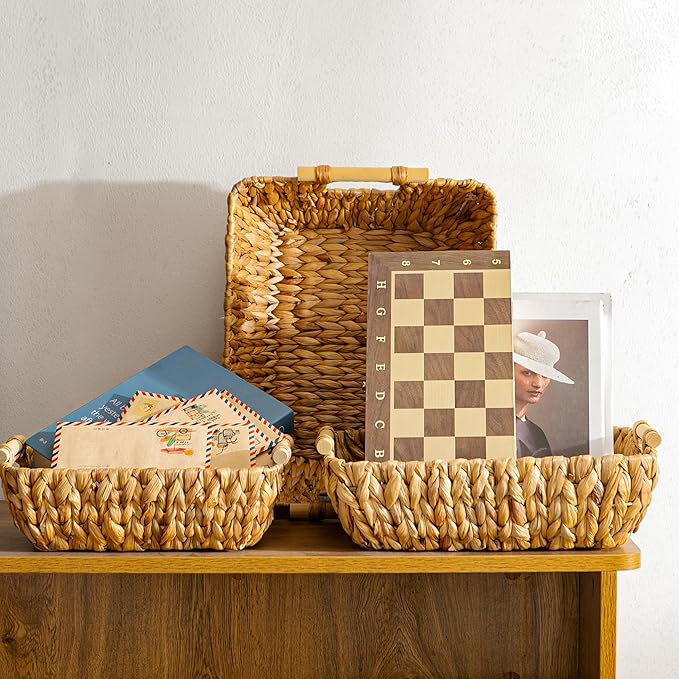 Woven Storage Baskets – Set of 3 Handwoven Water Hyacinth Wicker Baskets with Wooden Handles for Organizing, Decorative Baskets for Laundry Room, Home Decor - Large, Medium & Small