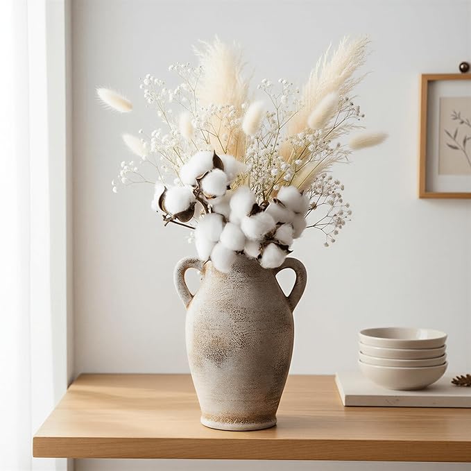 8.1-Inch Ceramic Flower Vase with Handles – Small Terracotta Rustic Farmhouse & Boho Pottery Vase for Table, Shelf, Living Room Decor