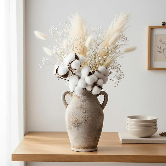 8.1-Inch Ceramic Flower Vase with Handles – Small Terracotta Rustic Farmhouse & Boho Pottery Vase for Table, Shelf, Living Room Decor