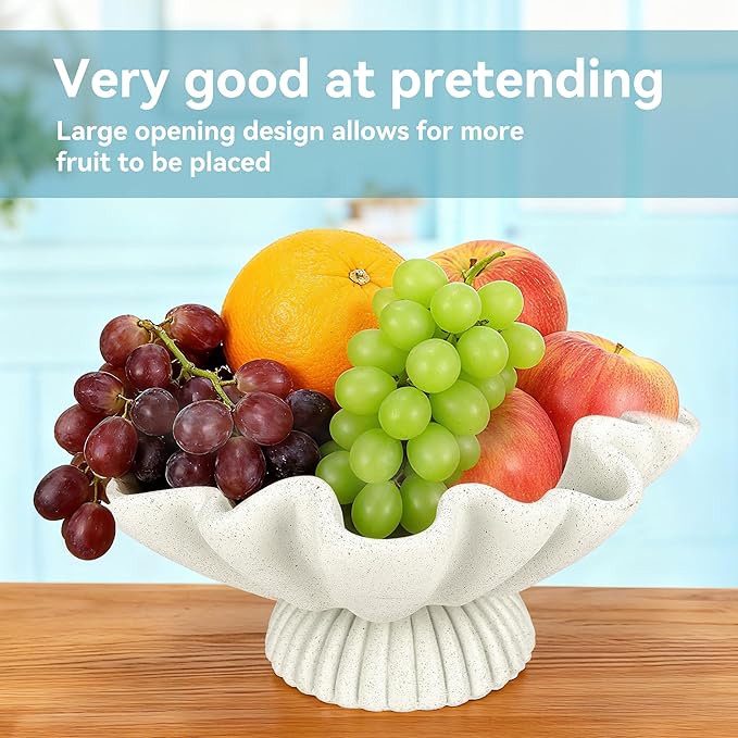 Large Decorative Bowls for Home - Fruit Pedestal Bowl for Coastal Decor - Scalloped Bowl - 10.3" Off-white Resin Unique Decor for Coffee Table