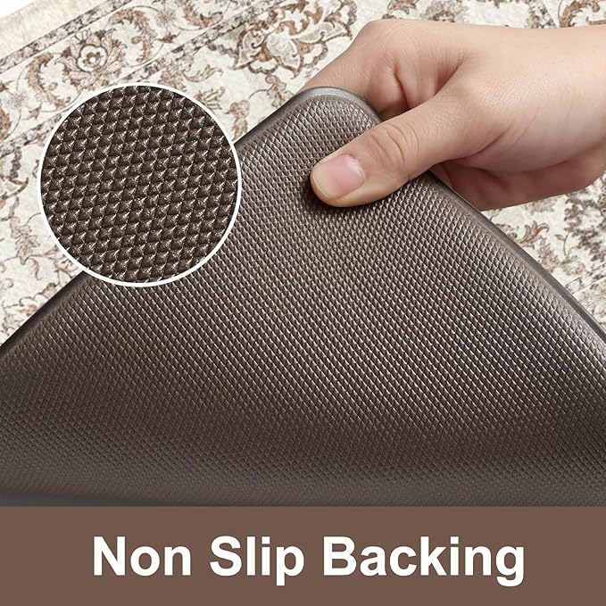 KIMODE Anti Fatigue Kitchen Rugs Sets of 2, Ergonomic Standing Cushioned Kitchen Floor Mats, Boho Kitchen Runner Stain Resistant, Non Slip Laundry Sink Rug Waterproof, 17.3"x59"+17.3"x29", Khaki