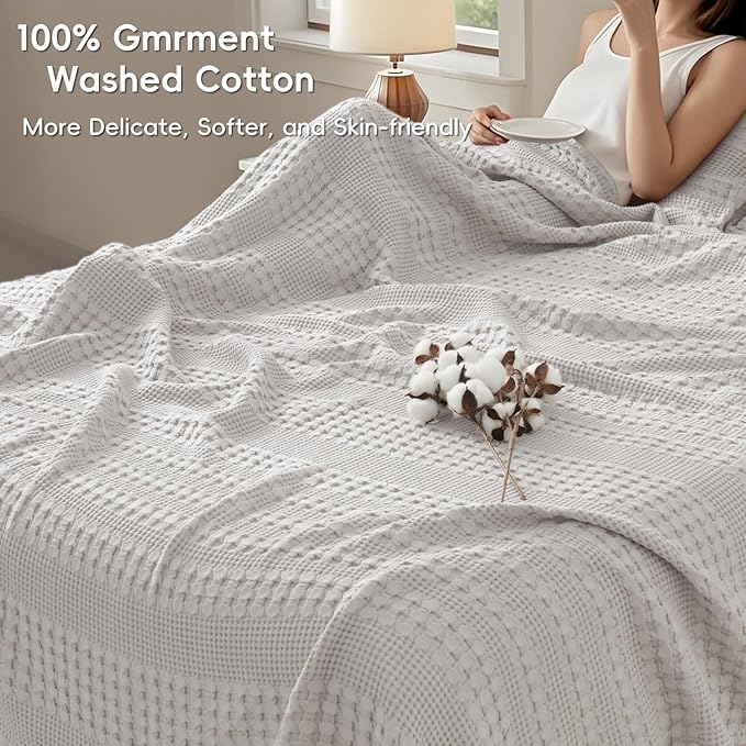 PHF 100% Cotton Waffle Weave Blanket Twin Size for Bed, Soft Lightweight & Breathable, All-Season Comfort, 300 GSM Luxury Aesthetic Blanket for Home Decor, 66"x90", Light Grey
