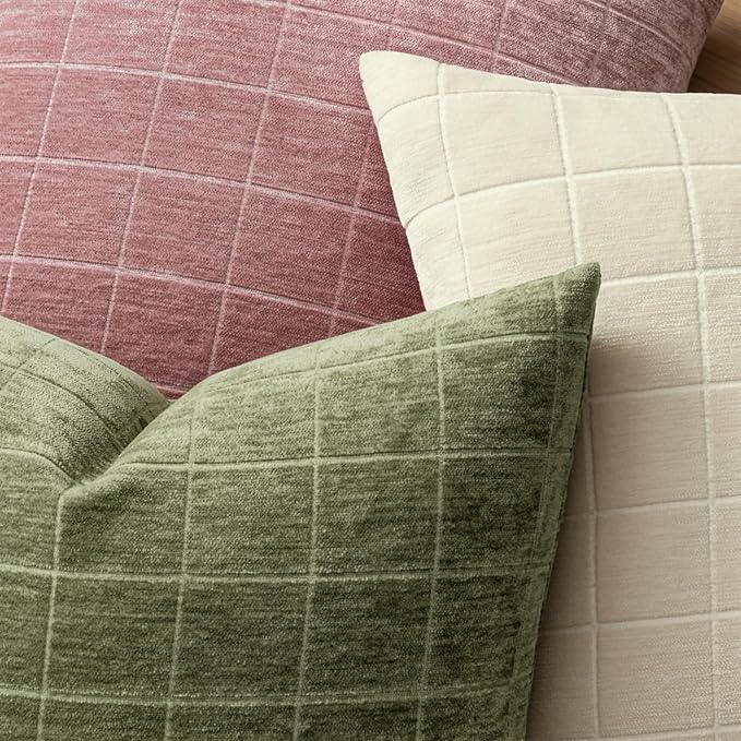 MIULEE Decorative Chenille Check Throw Pillow Covers Vintage Plaid Couch Pillows 20x20 Inch Set of 2 Neutral Boho Farmhouse Cushion Covers Modern Spring Decor for Sofa Bed Living Room Grass Green