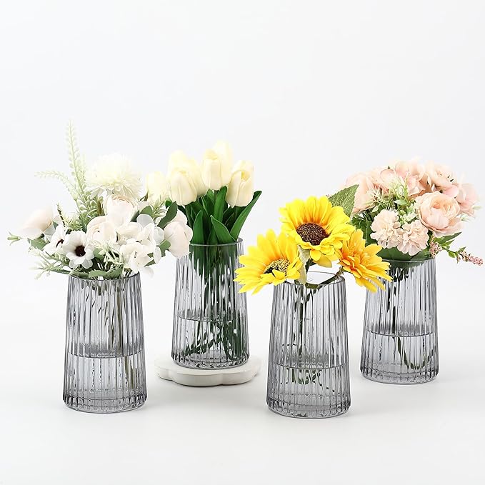 Black Glass Vases Set of 4, Small Vases for Flowers, Flower Vase for Bouquet, Modern Ribbed Glass Vase for Living Room, Bedroom, Dining Table, Office, Wedding, Centerpieces