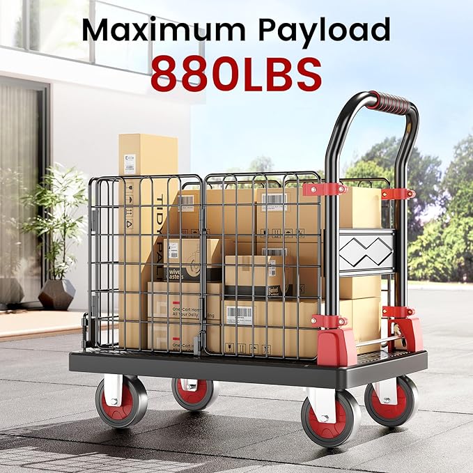 Upgraded Fence Foldable Push Cart Dolly,Fence Platform Cart with cage,Moving Platform Hand Truck,880Lbs Heavy Duty Space Saving Collapsible cart with 5" 360 Degree Swivel Silent Wheels.