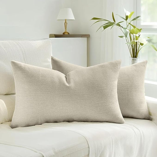 HAUSSY Beige Throw Pillow Covers 12x20 Inch Set of 2,Boho Decorative Faux Linen Lumber Throw Pillows Cozy Farmhouse Accent Cushion Covers,Home Decor for Couch Sofa Bed Living Room