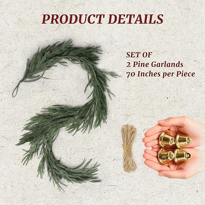 Worth Garden 2PCS 70in UV-Resistant Artificial Norfolk Pine Garlands, 6ft Green PVC Holiday Christmas Garland with Hidden Stem, Indoor Outdoor Rustic Mantel Staircase Porch Décor