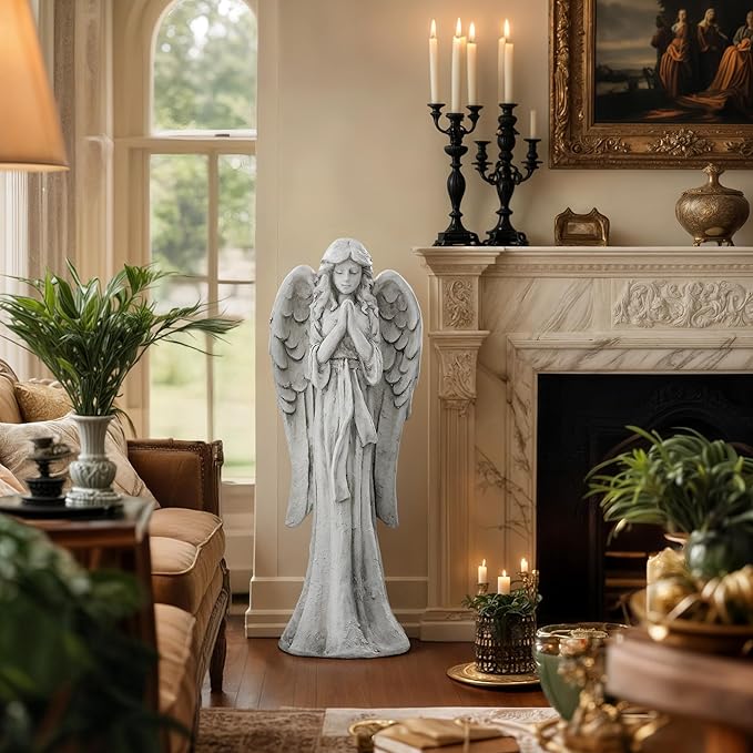 Praying Angel Statue for Outdoor Garden, 26.4 Inch Large Heavenly Memorial Sculpture,Durable MGO Stone Standing Angels for Yard, Patio or Cemetery Decor,Offering Comfort & Peace, Antique White