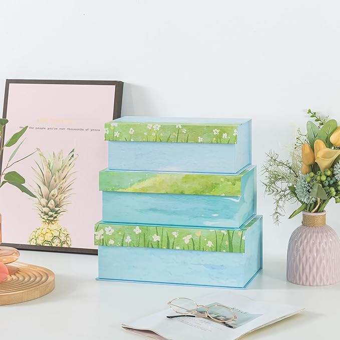 Soul & Lane Watercolor Decorative Storage Boxes with Lids - Set of 3 - Lakeside Meadow Whisper: Floral Memory Keepsake Boxes with Magnetic Closure, Cardboard Storage for Photos, Organizing, Gifts