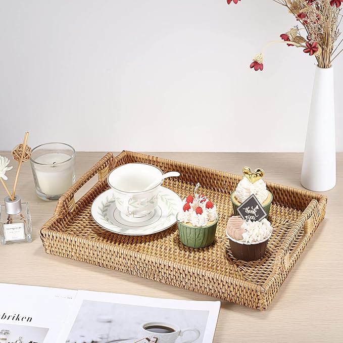 Hipiwe Rattan Serving Tray with Handles Hand-Woven Decorative Tray for Storage Breakfast, Drinks, Snack,Rectangular Basket Organizer Tray for Coffee Table, Home Decor (Large)