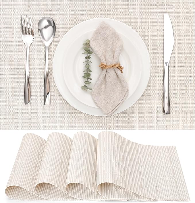 Myir JUN Placemats Set of 6, Vinyl Woven Placemats Place Mats Indoor Washable Table Mats Non-Slip Place mats for Dining Table (B-White, Set of 6)