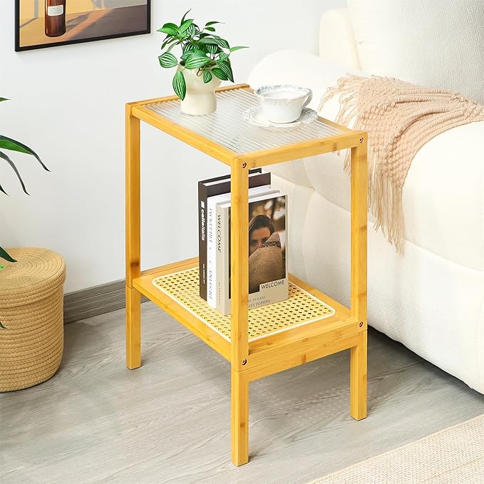 2-Tier Bamboo Side Table, Modern Glasstop Rattan Side Table, Mid Century Wood Sofa-Side End Tables for Living Room, Bedroom Night Stand with Storage, Small Narrow Coffee Tables, Burlywood