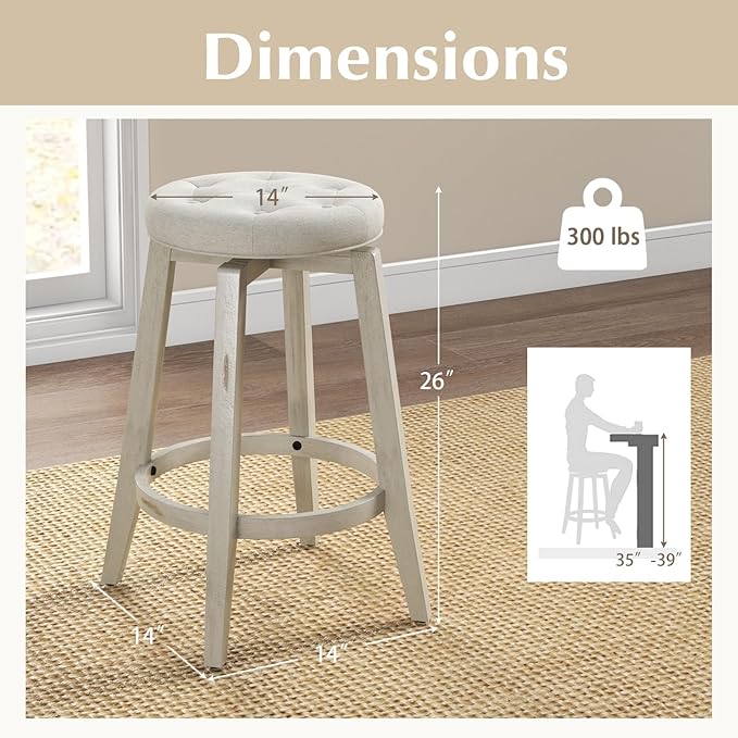 Giantex Swivel Bar Stools Set of 2, 26" Counter Height Stools w/Tufted Seat & Rubber Wood Frame, Round Backless Kitchen Stool with Footrest, Barstools for Kitchen Island/Breakfast/Pub, Antique White