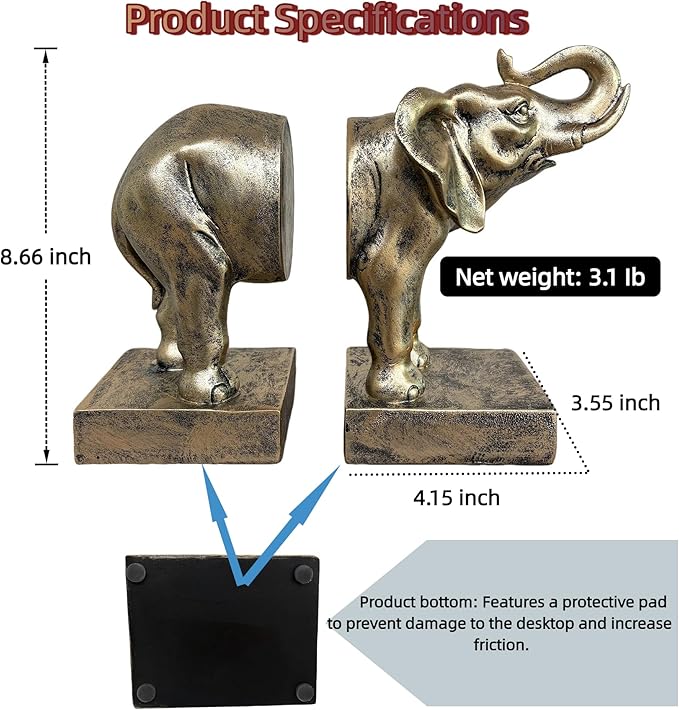Elephant Bookends Set of 2 – Vintage Resin Animal Sculpture Book Stoppers, Heavy Duty Decorative Book Ends for Home Office Bookshelf