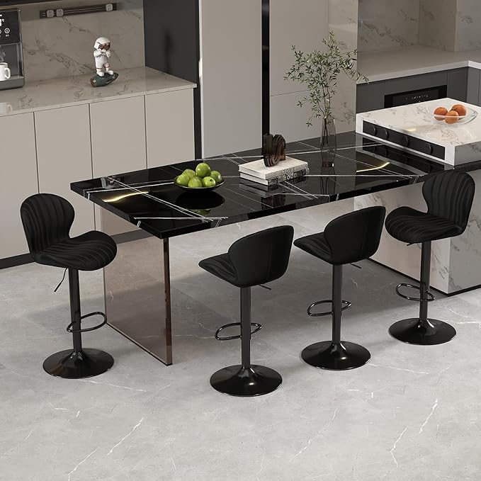 Youhauchair Modern Bar Stools Set of 2, Velvet Height Adjustable Swivel Barstools, Armless Kitchen Island Counter Chairs with Back & Footrest, Black