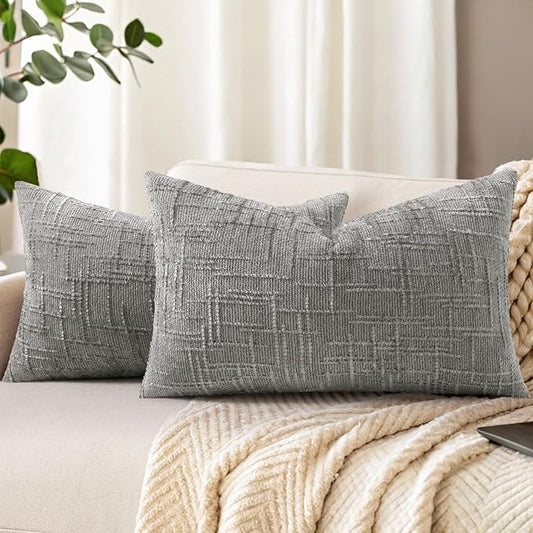 decorUhome Neutral Grey Chenille Throw Pillow Covers 12x20 Set of 2 Textured Slubby Couch Pillow Covers Farmhouse Accent Modern Neutral Decorative Pillow Cases for Bed Sofa Living Room