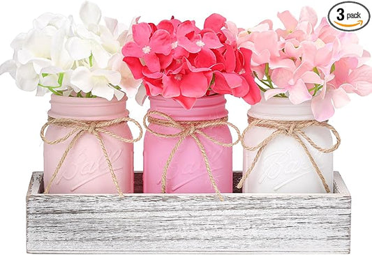 Valentines Mason Jar Centerpiece for Table with Wood Tray, Pink Painted Decorative Mason Jars for Valentines Decorations Table Kitchen Decor, Mothers Day Mason Jar, Mom Gift for Women