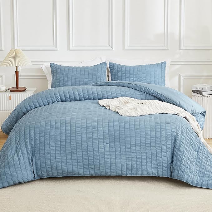 AveLom Seersucker Comforter Set Twin, Grayish Blue, 68x90, 1 Comforter and 1 Pillowcase