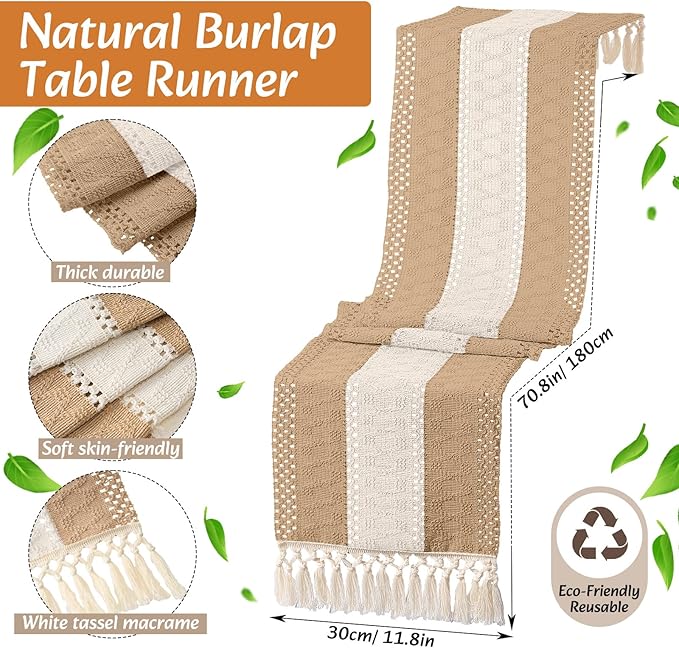 6 Sets Boho Placemats Round Woven Placemats, Cloth Napkins, Wood Bead Napkin Rings, Long Table Runner and Farmhouse Rustic Burlap Cotton for Kitchen Dining Table Home (Khaki B)