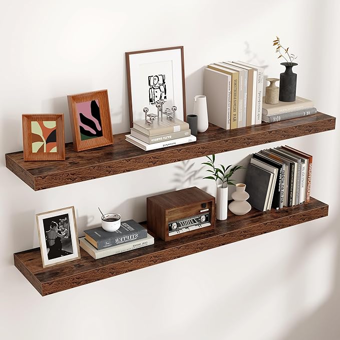Floating Shelves for Wall, Engineered Wood Wall Shelves with Invisible Brackets for Living Room Bedroom Bathroom Office Kitchen Decor and Storage (Brown, 48" W x 9" D x 1.5" H) Set of 2