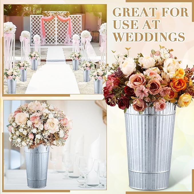 Layhit 6 Pcs 12 Inch Galvanized Flower Buckets Metal Flower Vases with Handle Farmhouse French Bucket Planter Floral Container for Flowers Wedding Bridal Shower Home Table Decor(Retro Steel Color)