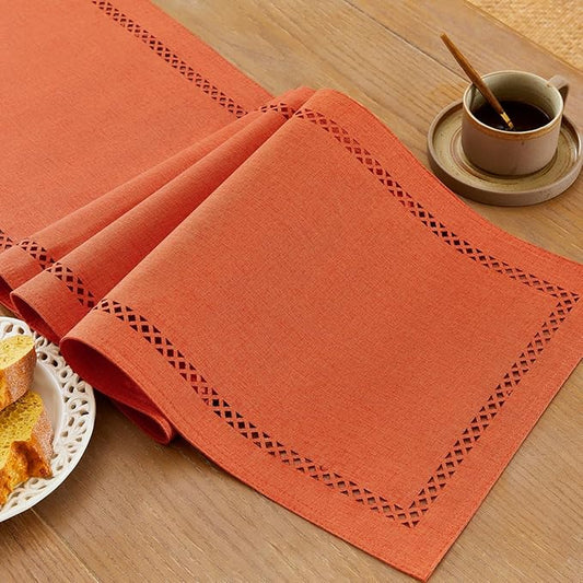 Fall Table Runner Decorations, Burlap Style Farmhouse 13 x 60 Inch Orange Table Runner, Rustic Geometric Hollow Table Runners 60 Inches Long for Autumn Thanksgiving Decorations, 13x60 Inches, Orange