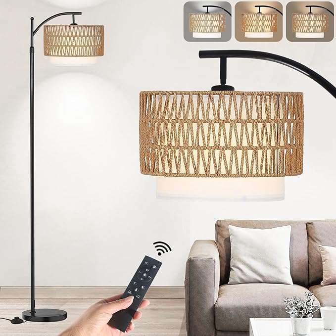 Yusist Arc Floor Lamp for Living Room,Farmhouse Floor Lamps with Remote Control & Dimmable Bulb,Rattan Boho Tall Standing Lamp for Bedroom Office